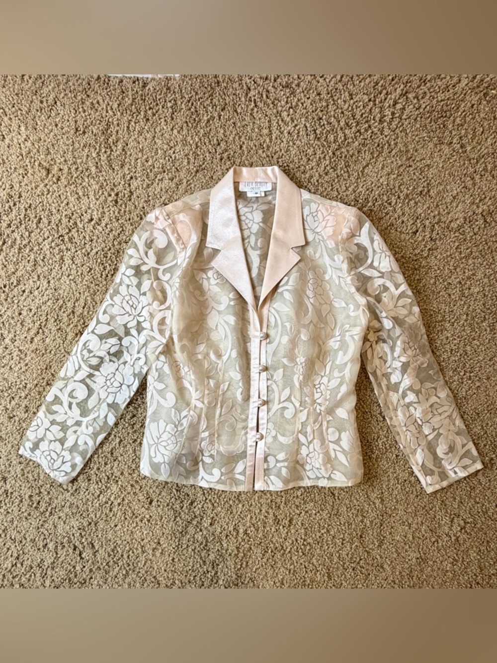 Ever Beauty Petite Vintage Sheer Floral Button-Front Jacket Top Champagne 8P